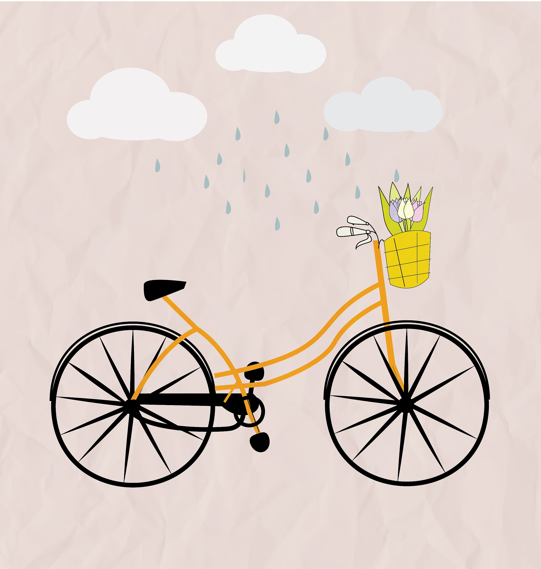 Charming Paint By Numbers artwork of a whimsical yellow bicycle with a flower basket under falling raindrops and clouds, perfect for Canadian springtime painting sessions.