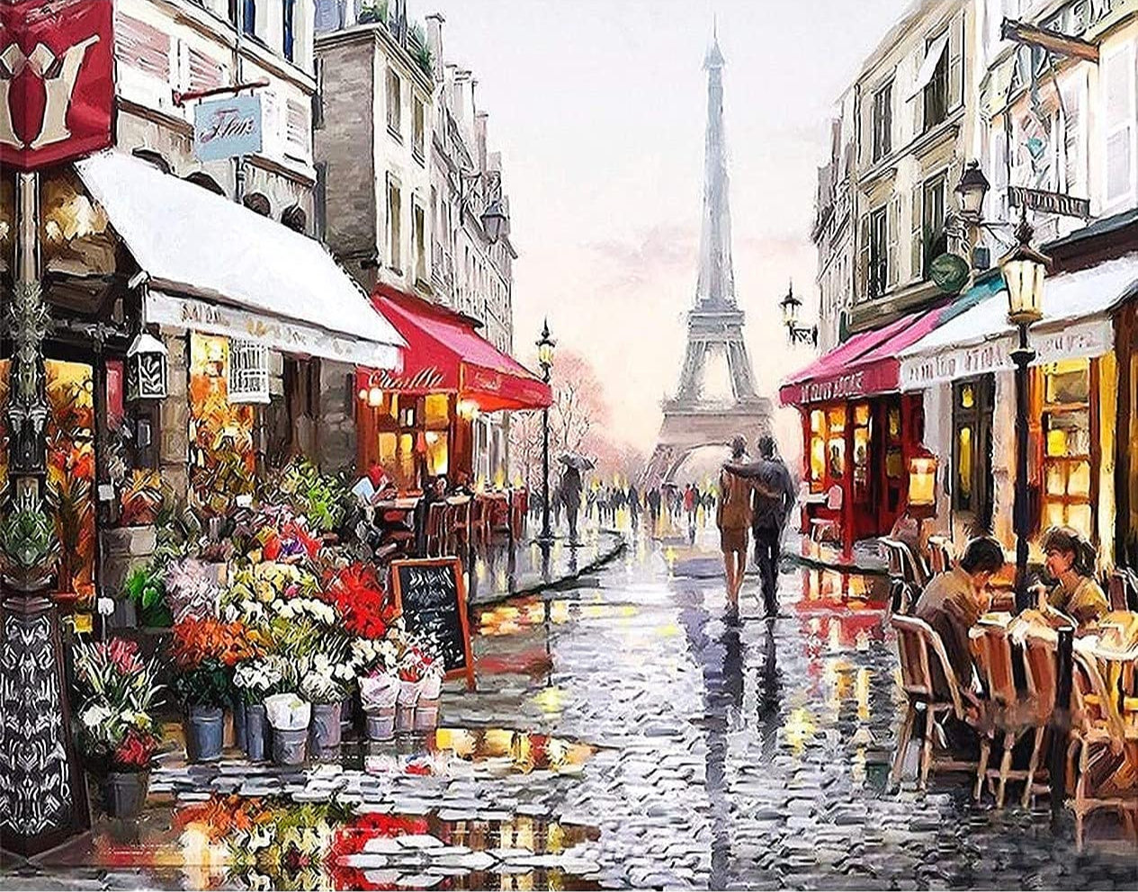 Rainy in Paris Paint By Numbers Kit showing a romantic city street scene with reflections, umbrellas, and moody Parisian charm
