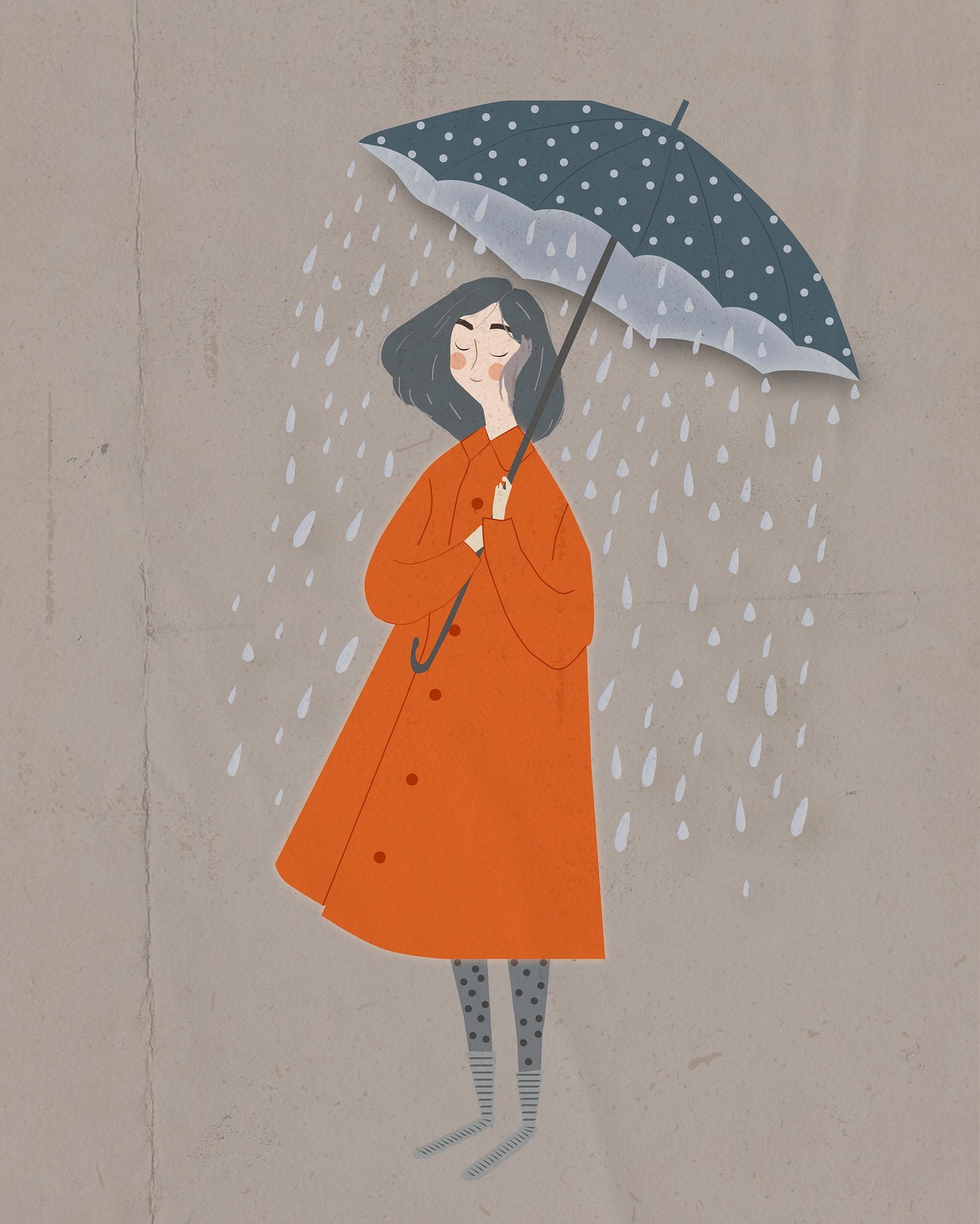 Minimalistic illustration of a woman in an orange coat holding an umbrella in the rain, featured in a Canadian Paint By Numbers art style.