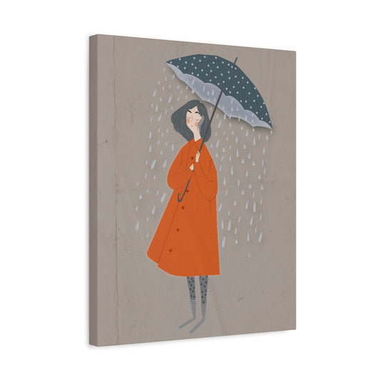 Minimalistic illustration of a woman in an orange coat holding an umbrella in the rain, featured in a Canadian Paint By Numbers art style shown in a frame