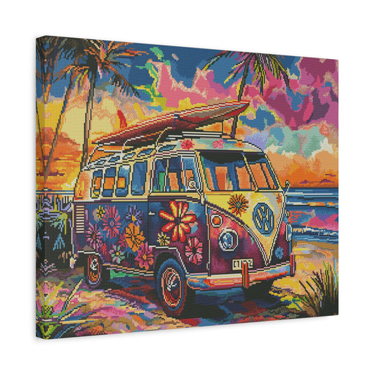 Retro Van Diamond Painting Kit showing a colourful vintage van surrounded by sunshine and nature — sparkling diamond art for joyful crafting in a frame.