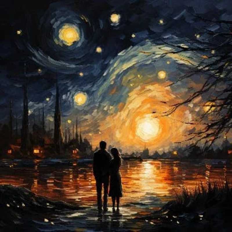 Romantic paint by numbers canvas showing a couple standing by a lake under a swirling, starry night sky with a glowing sunset and city skyline in the background.