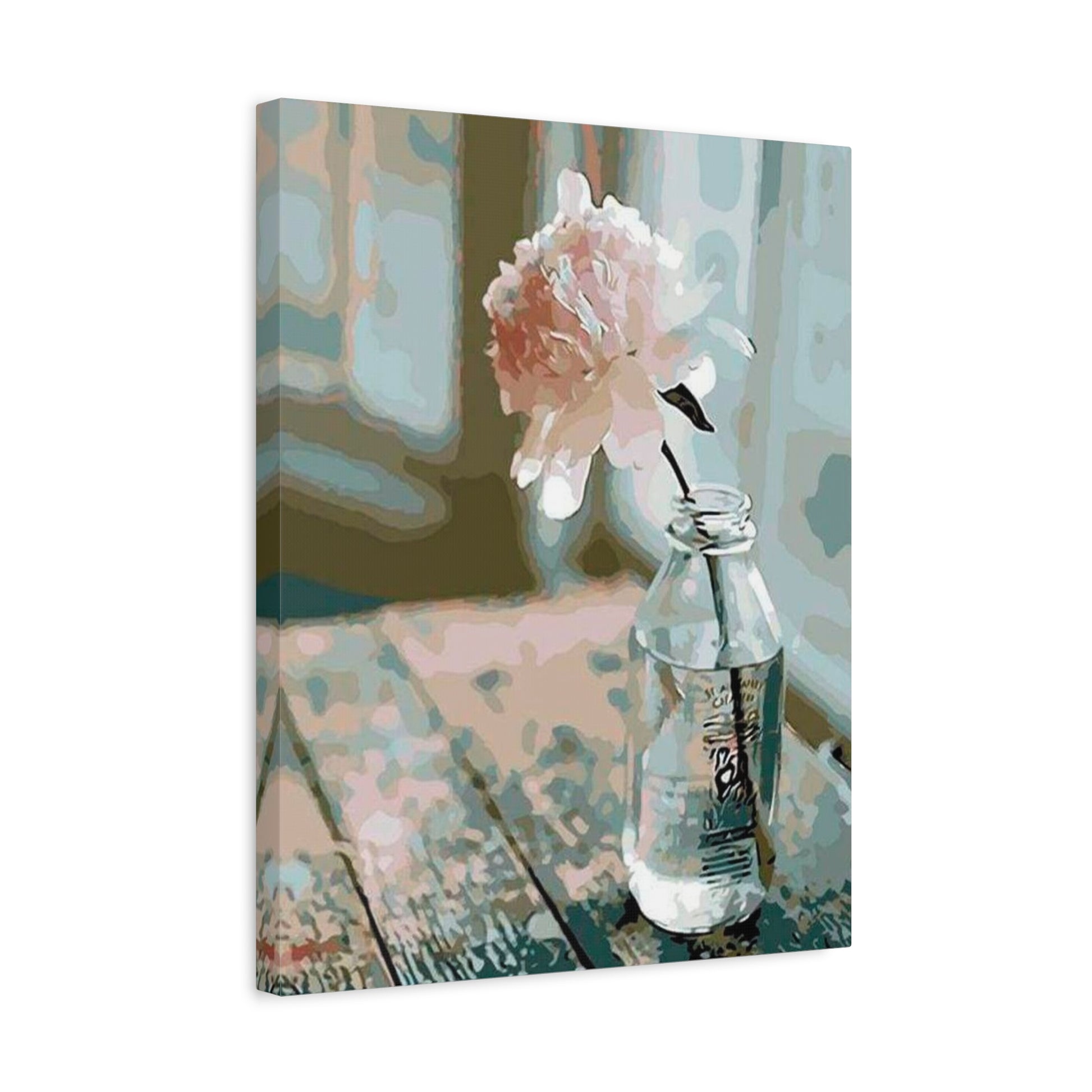 Rose In a Glass Bottle Paint By Numbers Kit featuring a single delicate rose inside a clear glass bottle in a peaceful, elegant setting shown in a frame