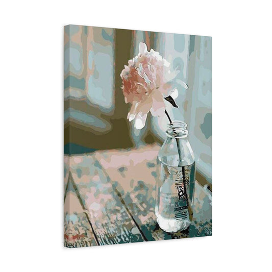 Rose In a Glass Bottle Paint By Numbers Kit featuring a single delicate rose inside a clear glass bottle in a peaceful, elegant setting shown in a frame