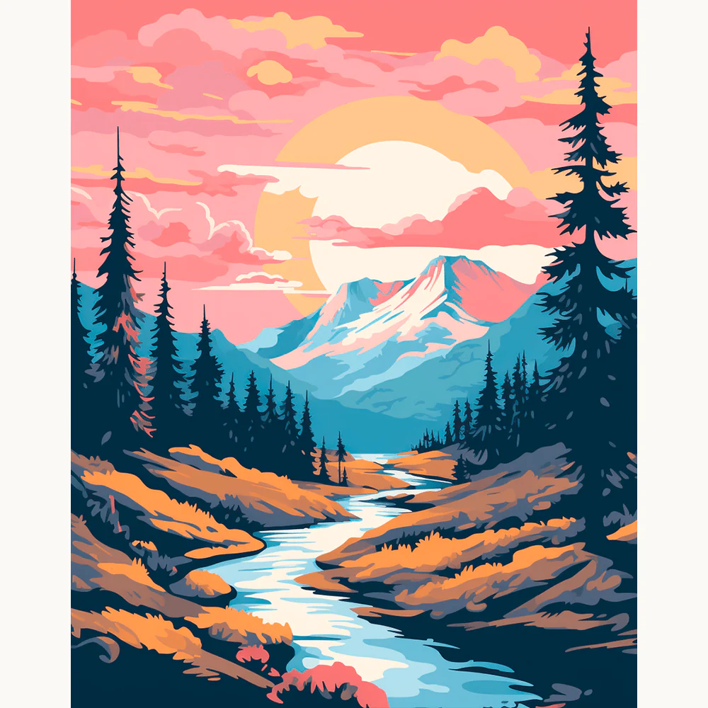 Rosy Sunset River Paint By Numbers artwork showcasing a pink sky sunset over a flowing river, surrounded by pine trees and glowing mountain peaks