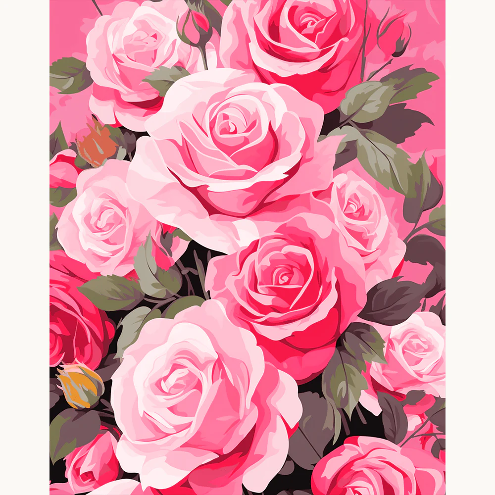Rosy Whispers Paint By Numbers showing a detailed bouquet of blooming pink and red roses with soft highlights and green leaves in a romantic composition
