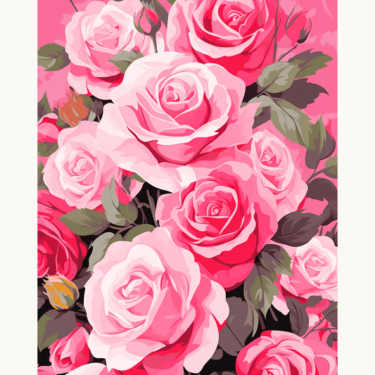 Rosy Whispers Paint By Numbers showing a detailed bouquet of blooming pink and red roses with soft highlights and green leaves in a romantic composition