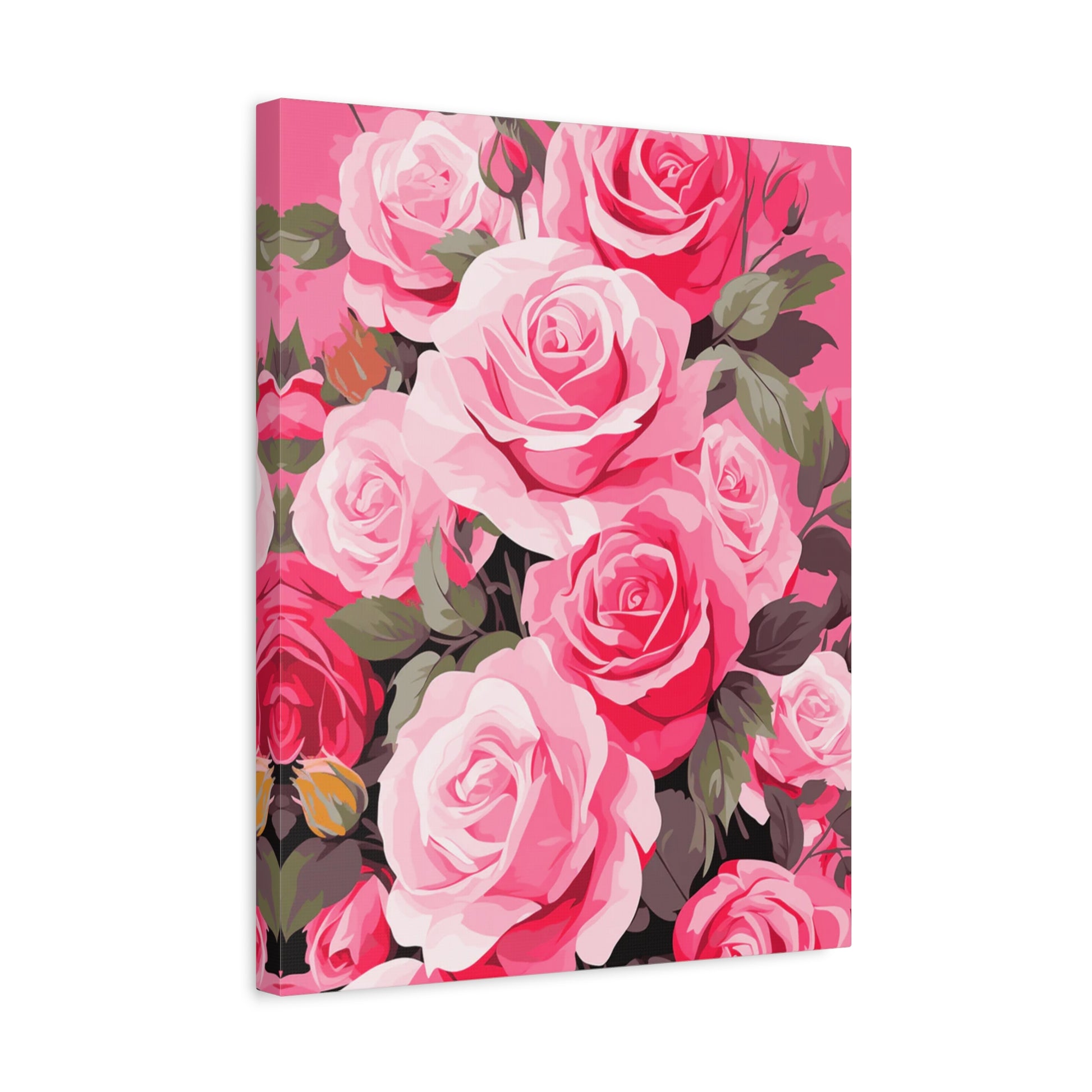 Rosy Whispers Paint By Numbers showing a detailed bouquet of blooming pink and red roses with soft highlights and green leaves in a romantic composition shown in a frame