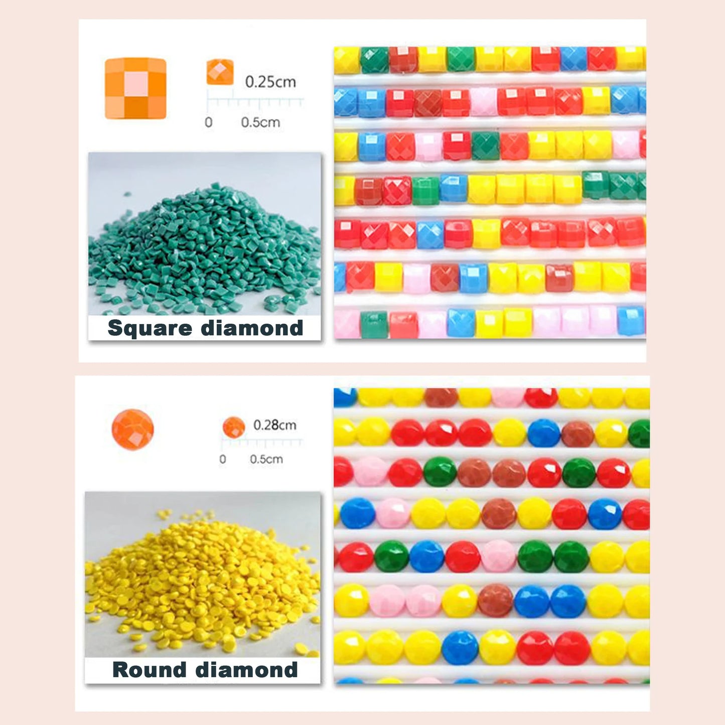 Comparison of round and square diamond raisins used in diamond painting kits, showing size, shape, and placement differences on colorful canvases.