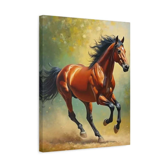 Finished painting of the Bold Sprinter, a powerful chestnut horse galloping against a misty, light-filled background.