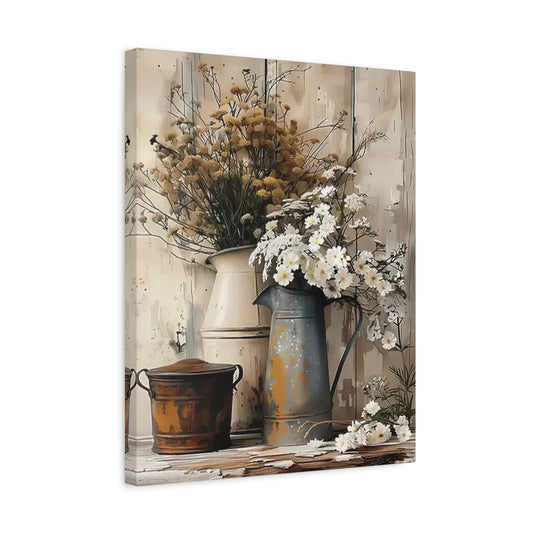 Rustic Bloom Still Life Paint By Numbers featuring white daisies and yellow wildflowers arranged in antique pitchers and a rusted pot on distressed wood in a frame