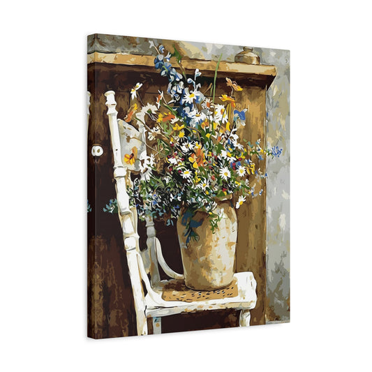 Wildflowers in a rustic vase placed on a white wooden chair – Rustic Blooms Paint By Numbers Kit Canada