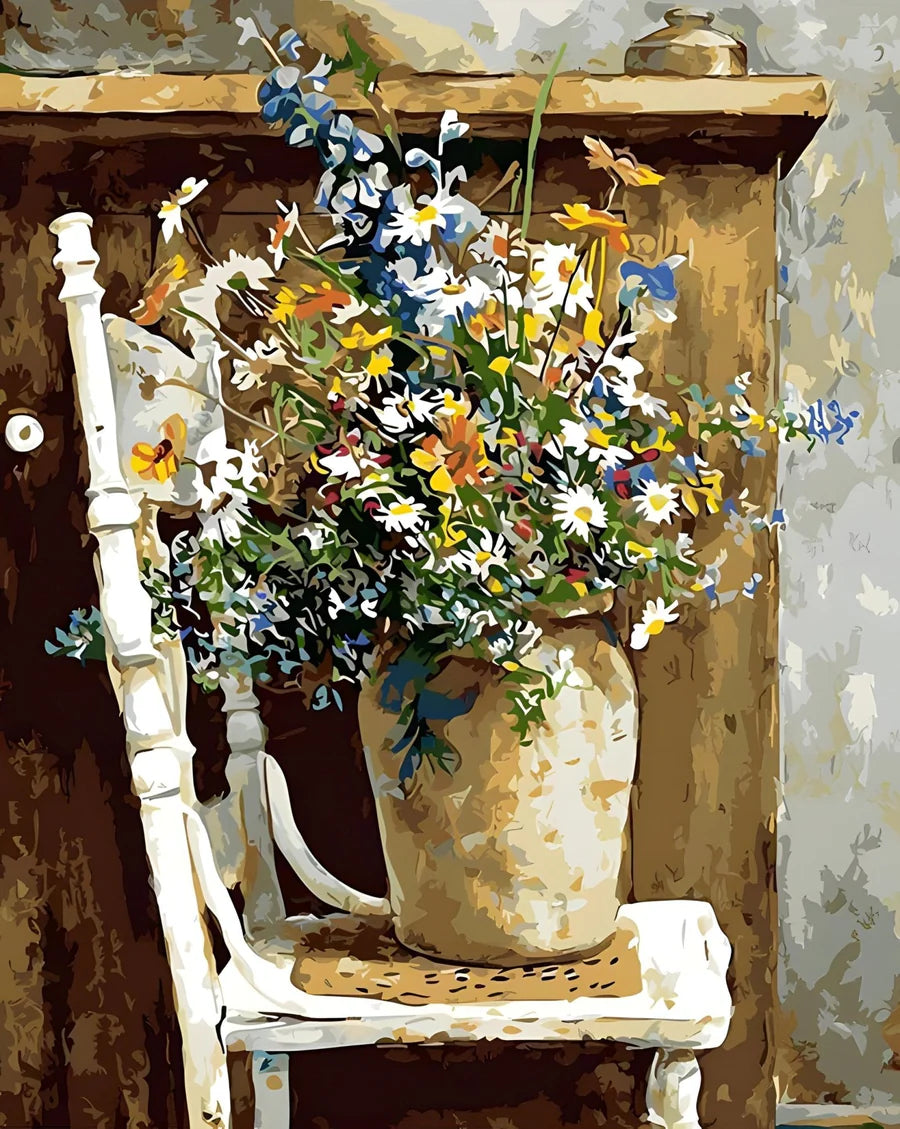 Wildflowers in a rustic vase placed on a white wooden chair – Rustic Blooms Paint By Numbers Kit Canada