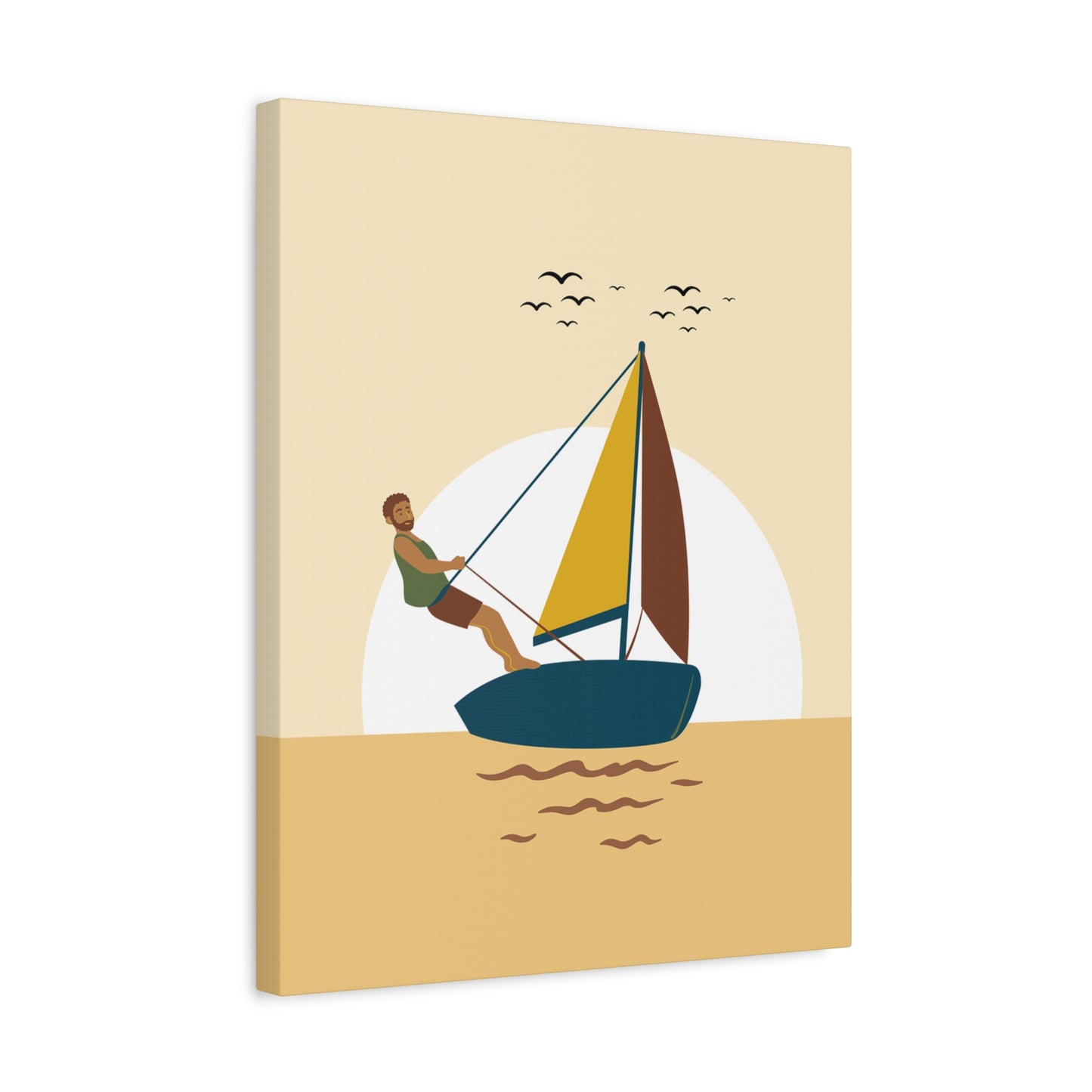 Playful Paint By Numbers illustration of a man sailing a boat at sunset with warm golden water, cheerful vibes, and birds flying in the sky shown in a frame