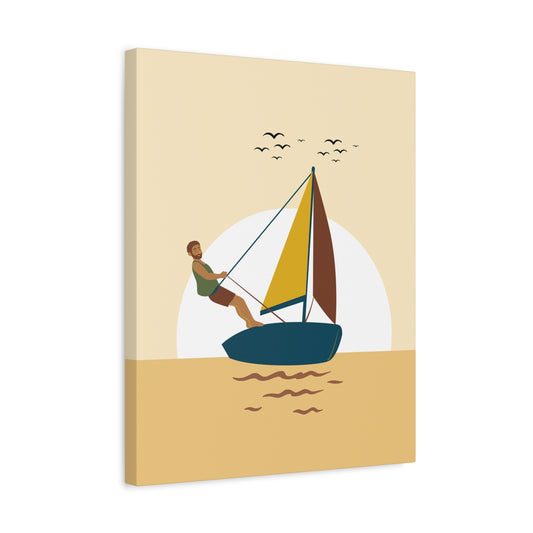 Playful Paint By Numbers illustration of a man sailing a boat at sunset with warm golden water, cheerful vibes, and birds flying in the sky shown in a frame