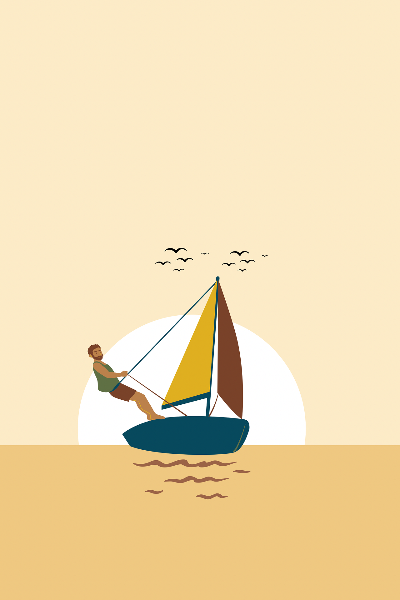 Playful Paint By Numbers illustration of a man sailing a boat at sunset with warm golden water, cheerful vibes, and birds flying in the sky