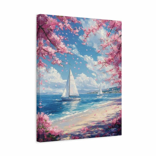 Diamond Painting Canvas print of a scenic beach with cherry blossoms and sailboats.