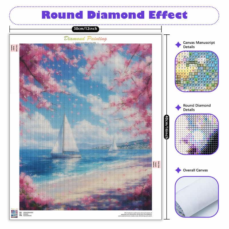 Diamond painting kit with sailboat and cherry blossoms design, showing round diamond effect and canvas details.