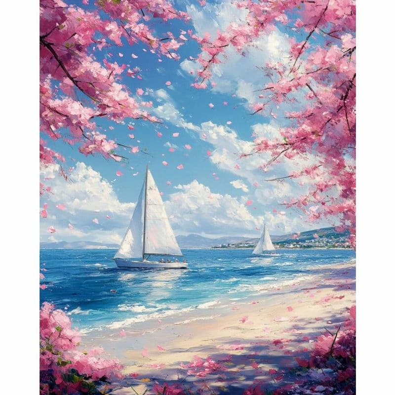 Sailing scene with cherry blossoms on a beach