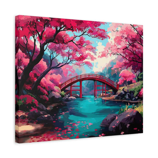 Canvas print of a vibrant cherry blossom scene with a red bridge over a river.