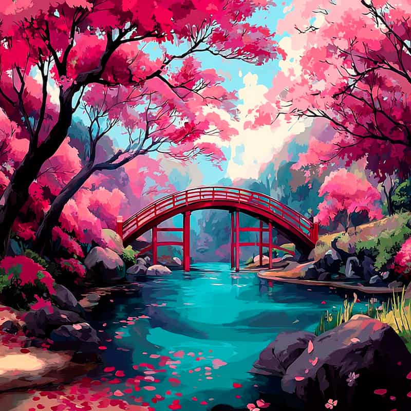 Painting of a red bridge over a pond with cherry blossom trees in bloom.
