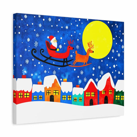 Canvas print with Santa Claus in a sleigh over a snowy village.