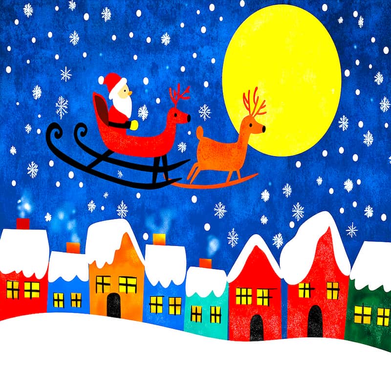 Cartoon Santa Claus in a sleigh with reindeer flying over a row of colorful houses at night.
