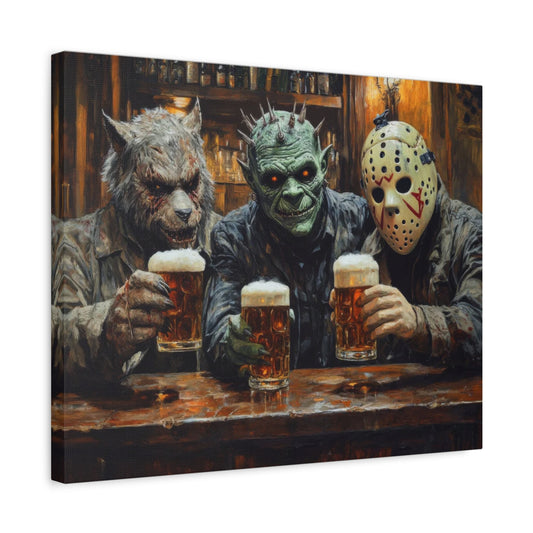Scary Cheers Paint By Numbers Kit featuring three funny monsters clinking beer glasses in a cozy, spooky bar setting shown in a frame