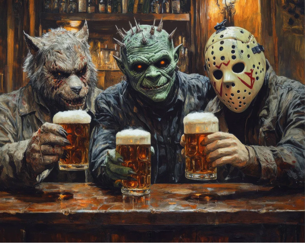 Scary Cheers Paint By Numbers Kit featuring three funny monsters clinking beer glasses in a cozy, spooky bar setting