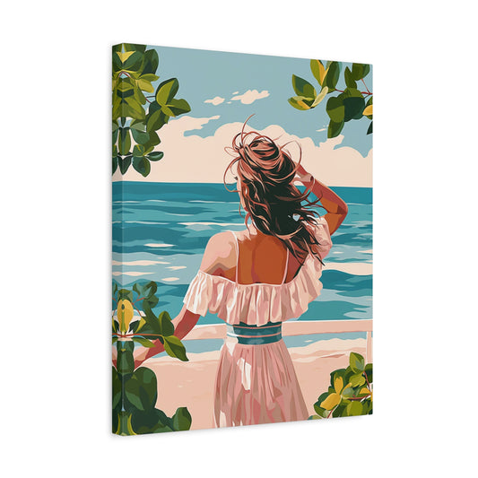 Seaside Daydream Paint By Numbers showing a woman in a white dress with wind-blown hair looking out at the ocean, surrounded by tropical leaves and calm waves in a frame