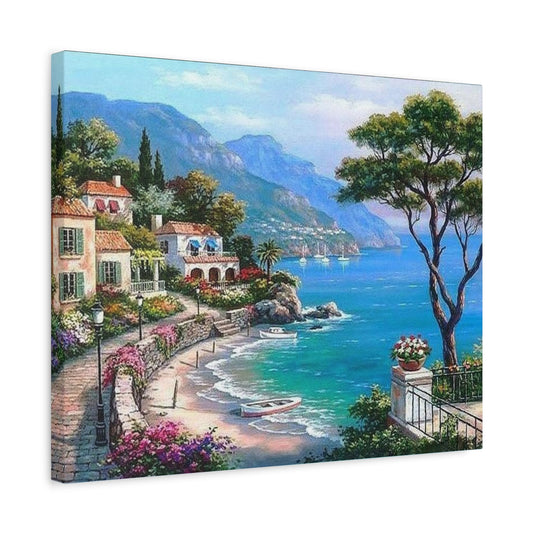 Scenic coastal ocean view with blue skies and waves crashing on rocks, captured in a peaceful paint by numbers kit for adults shown in a frame.

