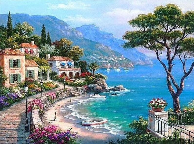 Scenic coastal ocean view with blue skies and waves crashing on rocks, captured in a peaceful paint by numbers kit for adults.