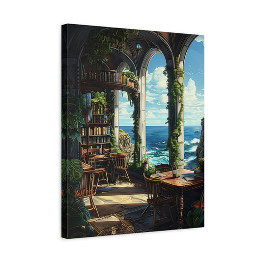 Seaside Sanctuary Paint By Numbers artwork showing an oceanfront reading nook with arched windows, bookshelves, and waves crashing against rocky cliffs shown in a frame