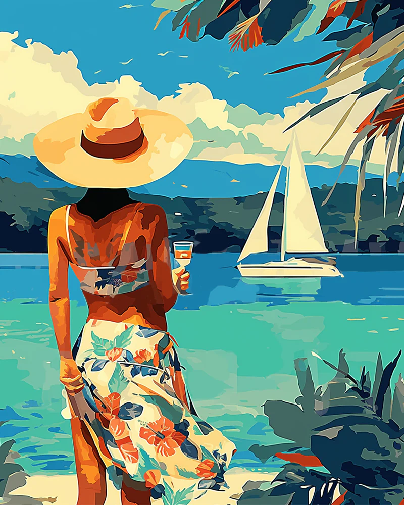 Woman in a sunhat holding a drink and gazing at a sailboat over turquoise waters, wearing a floral dress, ideal for paint by numbers fans in Canada