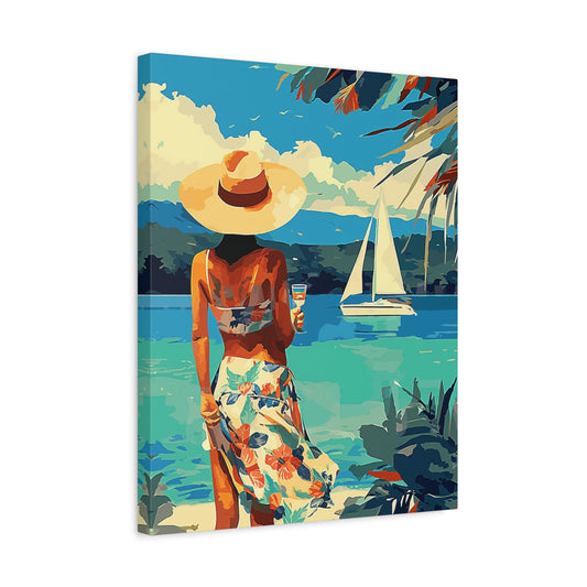 Woman in a sunhat holding a drink and gazing at a sailboat over turquoise waters, wearing a floral dress, ideal for paint by numbers fans in Canada shown in a frame