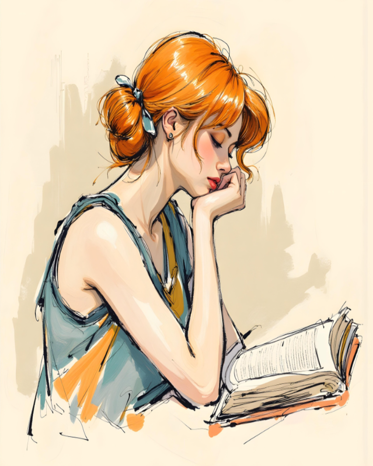 Minimalist illustration of a red-haired woman reading a book quietly, painted in soft tones and elegant linework, designed as a Paint By Numbers for adults in Canada.