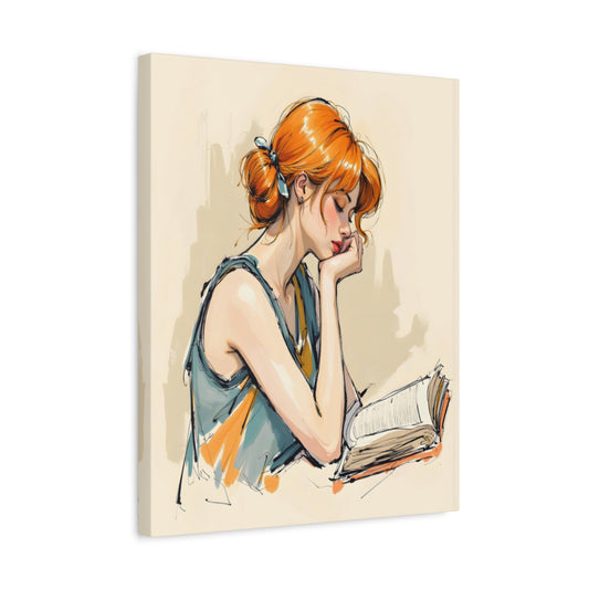 Minimalist illustration of a red-haired woman reading a book quietly, painted in soft tones and elegant linework, designed as a Paint By Numbers for adults in Canada shown in a frame