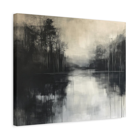 Silent Echo Paint By Numbers Kit showing a tranquil abstract night landscape with a glowing lake and silhouetted trees shown in a frame.