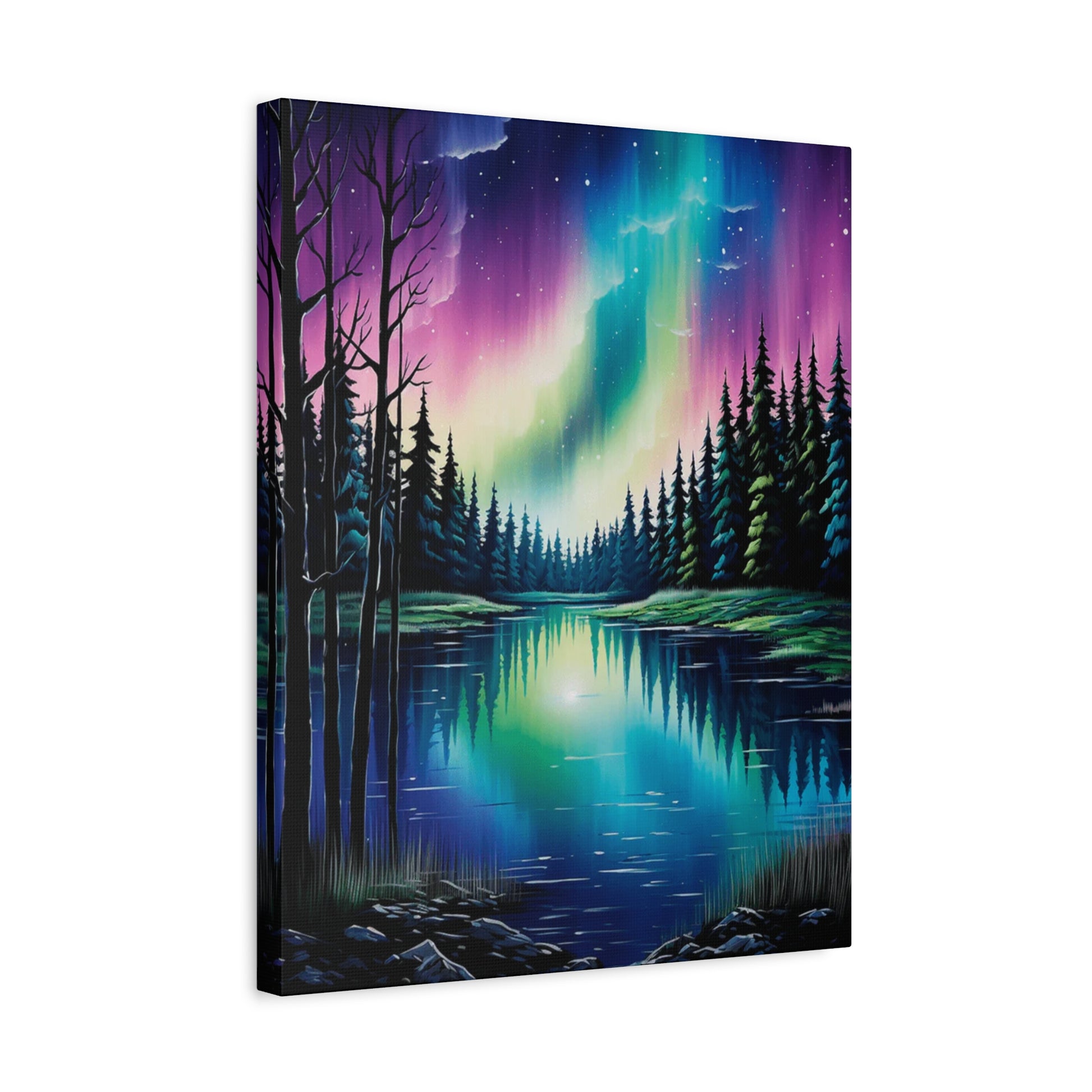 Silent Glow paint by numbers kit showing northern lights over a tranquil river at night, surrounded by dark trees shown in a frame, perfect for adults seeking relaxing art therapy in Canada.