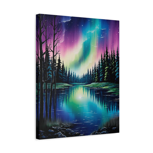 Silent Glow paint by numbers kit showing northern lights over a tranquil river at night, surrounded by dark trees shown in a frame, perfect for adults seeking relaxing art therapy in Canada.