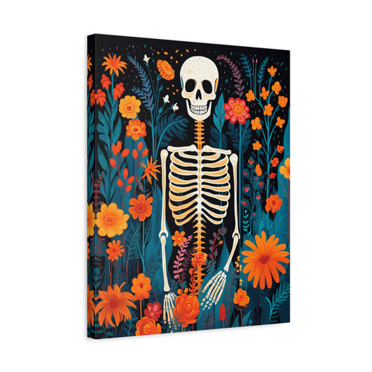 Skeleton Garden Paint By Numbers artwork showing a playful skeleton surrounded by vibrant orange and teal flowers, set against a deep black background shown in a frame