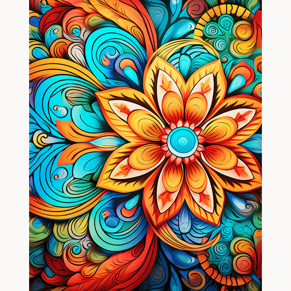 Sky Radiance Mandala Paint By Numbers design featuring a colorful, swirling mandala flower in vivid orange, yellow, turquoise, and red hues