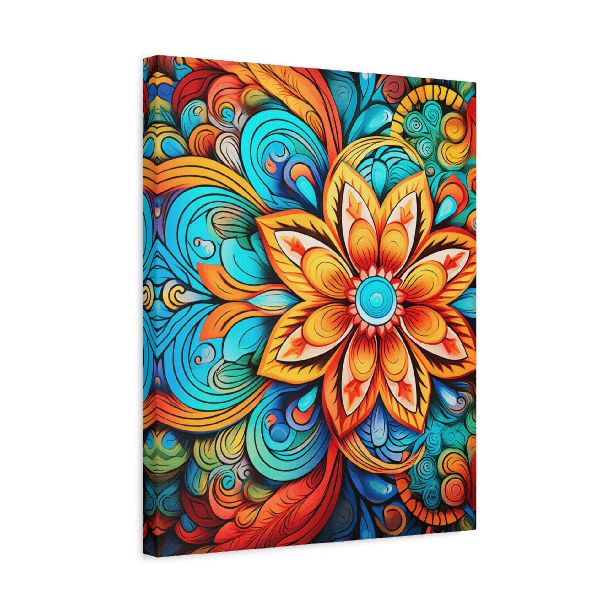 Sky Radiance Mandala Paint By Numbers design featuring a colorful, swirling mandala flower in vivid orange, yellow, turquoise, and red hues in a frame