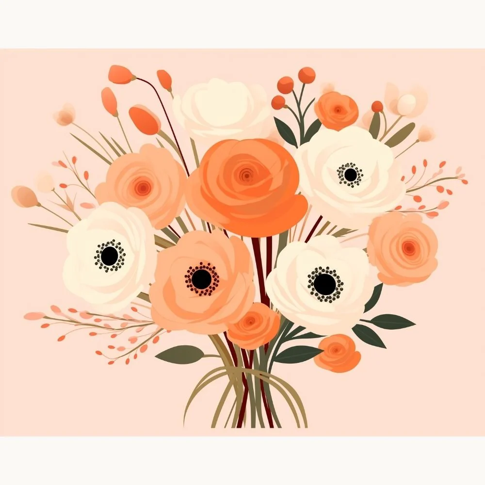 Soft Petal Charm Paint By Numbers artwork featuring a bouquet of cream and peach-toned flowers with dark centers, green leaves, and warm beige background