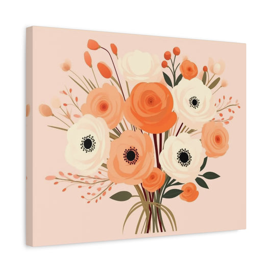 Soft Petal Charm Paint By Numbers artwork featuring a bouquet of cream and peach-toned flowers with dark centers, green leaves, and warm beige background shown in a frame