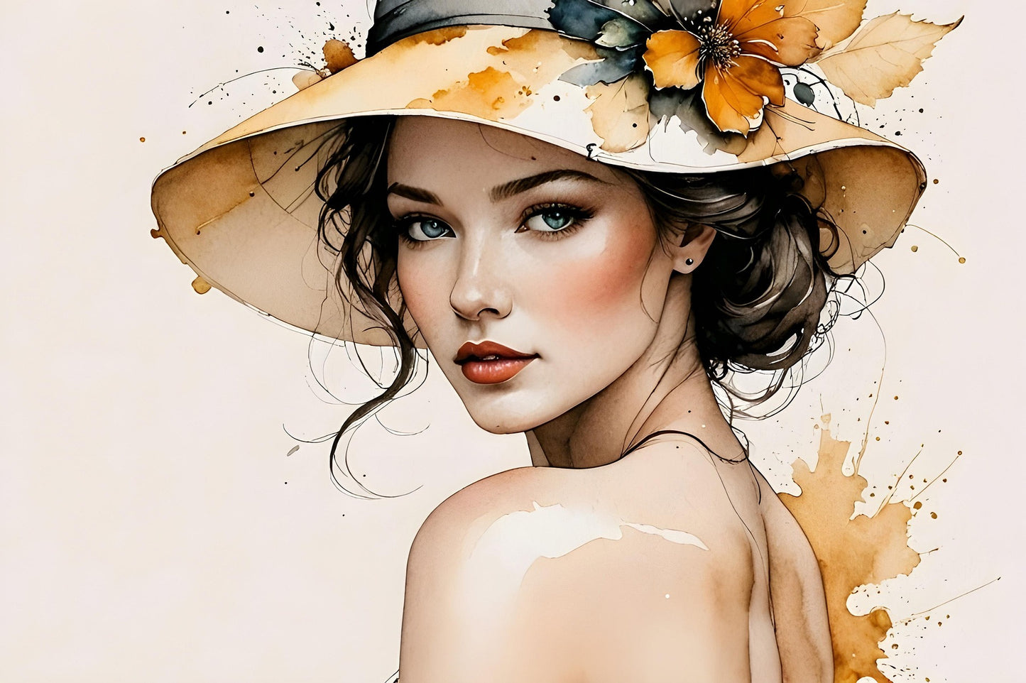 Minimal portrait of a woman with soft blue eyes and a floral hat, painted in elegant tones, ideal for Paint By Numbers artists in Canada.