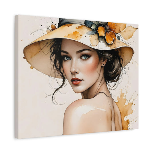 Minimal portrait of a woman with soft blue eyes and a floral hat, painted in elegant tones, ideal for Paint By Numbers artists in Canada shown in a frame