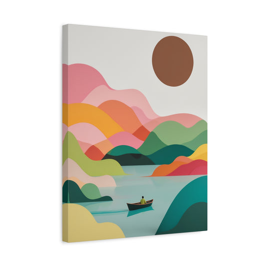 Minimalist Paint By Numbers scene of a lone person in a boat drifting on a pastel-toned lake, surrounded by abstract colorful hills and a bold sun shown in a frame.