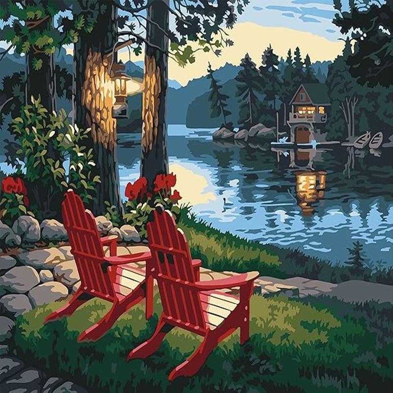Soothing View Paint By Numbers Kit showcasing a serene lakeside scene with Adirondack chairs, vibrant flowers, and a glowing lantern.