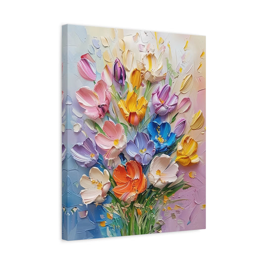 Spring Reverie Paint By Numbers kit featuring vibrant pink, yellow, blue, orange, purple, and white 3D textured flowers blooming against a pastel background, perfect for Canadian artists shown in a frame
